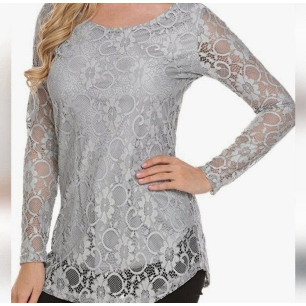 Soteer Womans Tunic Top Size Large Long Sleeve Floral Lace Lined Grey
